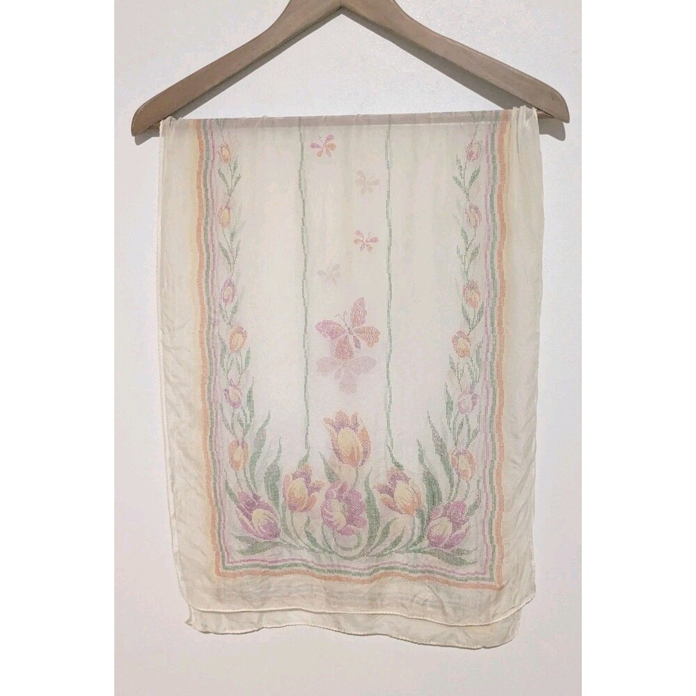 Vintage 60s Pale Yellow Butterfly Tulip Floral Oblong Scarf Sheer